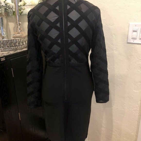 BEBE Mesh Criss Cross Mock Black Bodycon Dress - Picture 4 of 6